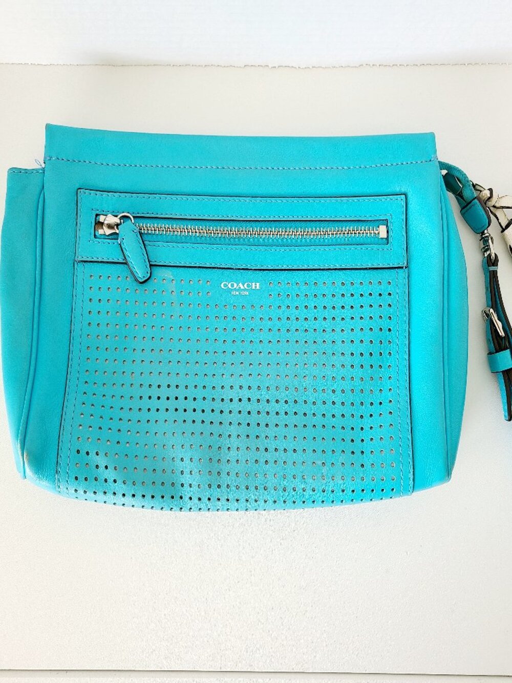 Coach PERFORATED Leather Wristlet Bag Large Turqoise Tassels